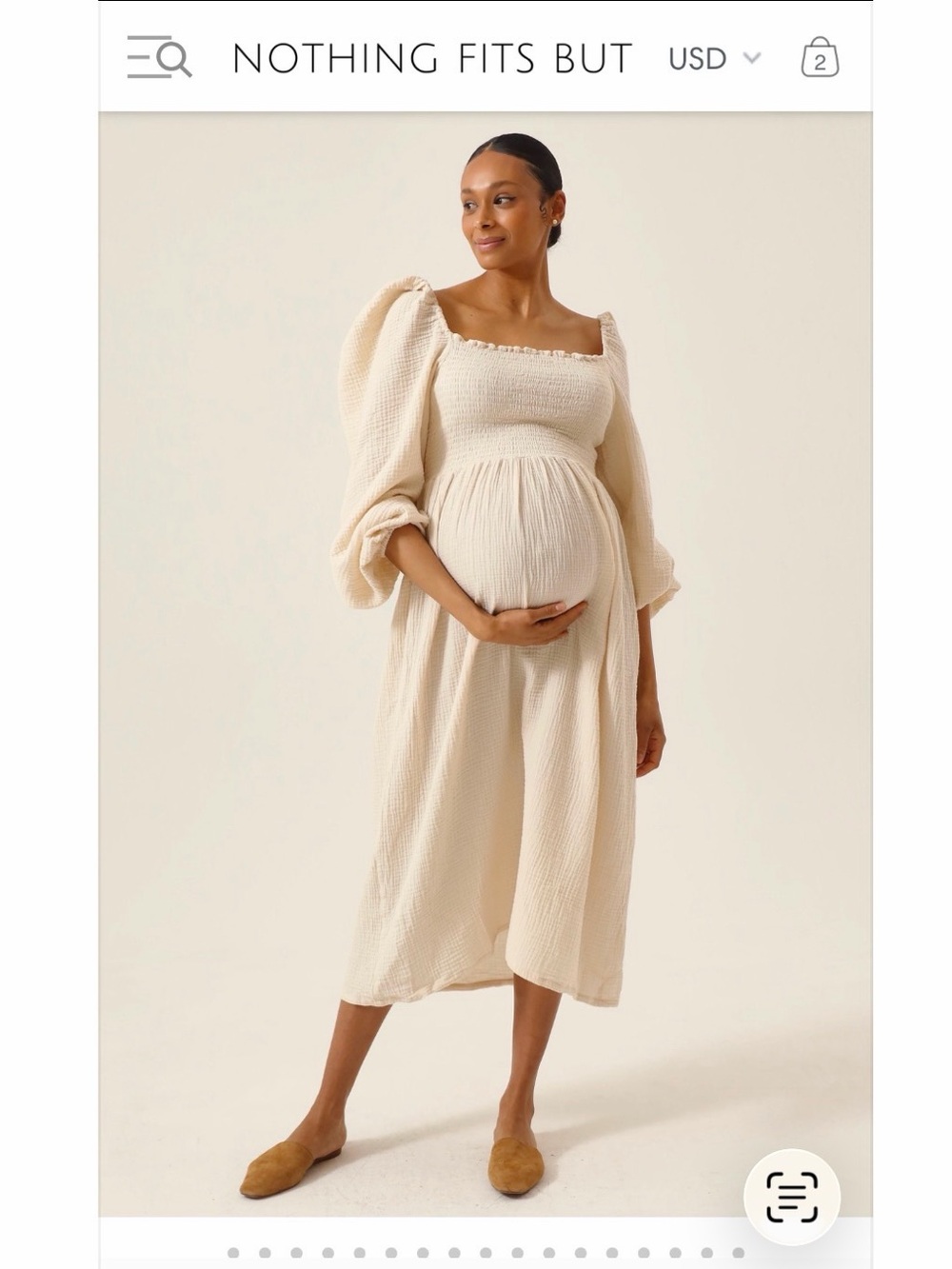 Smocked Square-Neck Midi Dress in Cream